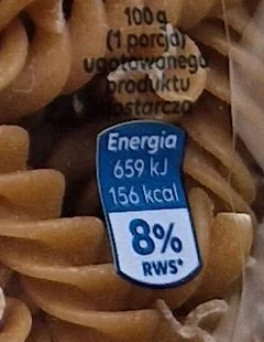Oznaczenie z przodu opakowania: 100 g ugotowanego produktu dostarcza 156 kcal, 8% RWS