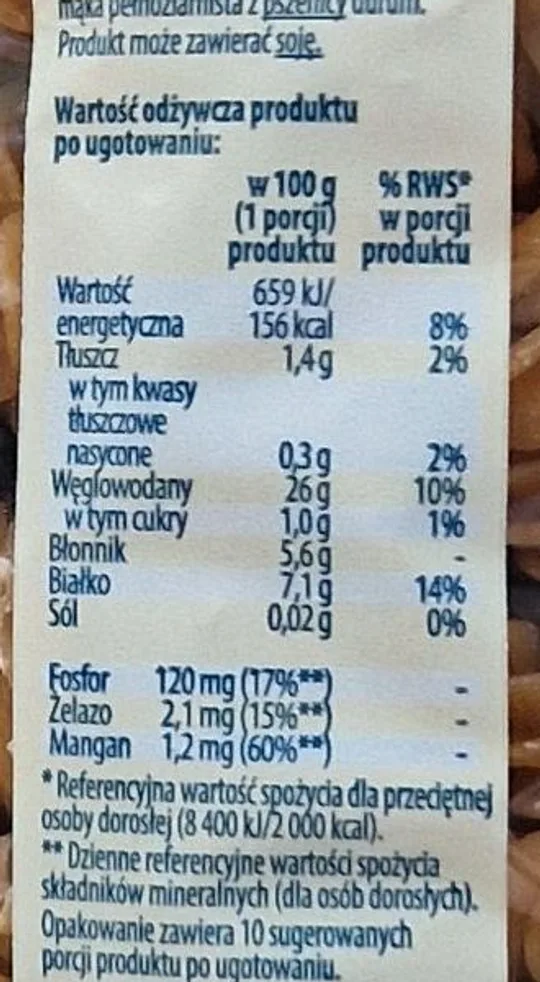 Tabela wartości odżywczych produktu po ugotowaniu: 659 kJ / 156 kcal, tłuszcz 1,4 g, węglowodany 26 g, błonnik 5,6 g, białko 7,1 g
