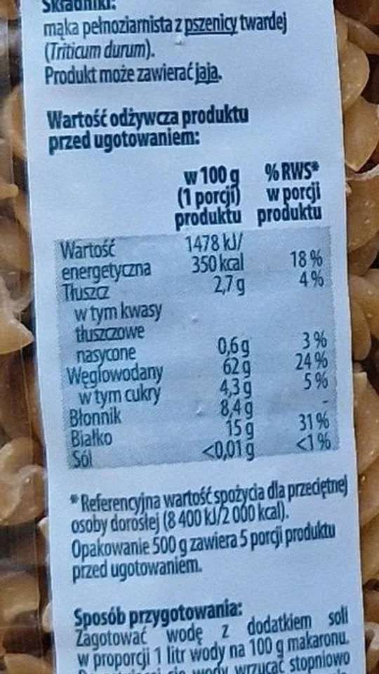 Tabela wartości odżywczych produktu przed ugotowaniem: 1478 kJ / 350 kcal, tłuszcz 2,7 g, węglowodany 62 g, błonnik 8,4 g, białko 15 g